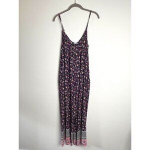 Buenos Ninos Womens Floral Maxi Jumpsuit XXL Navy Pink Boho Romper Sleeveless
